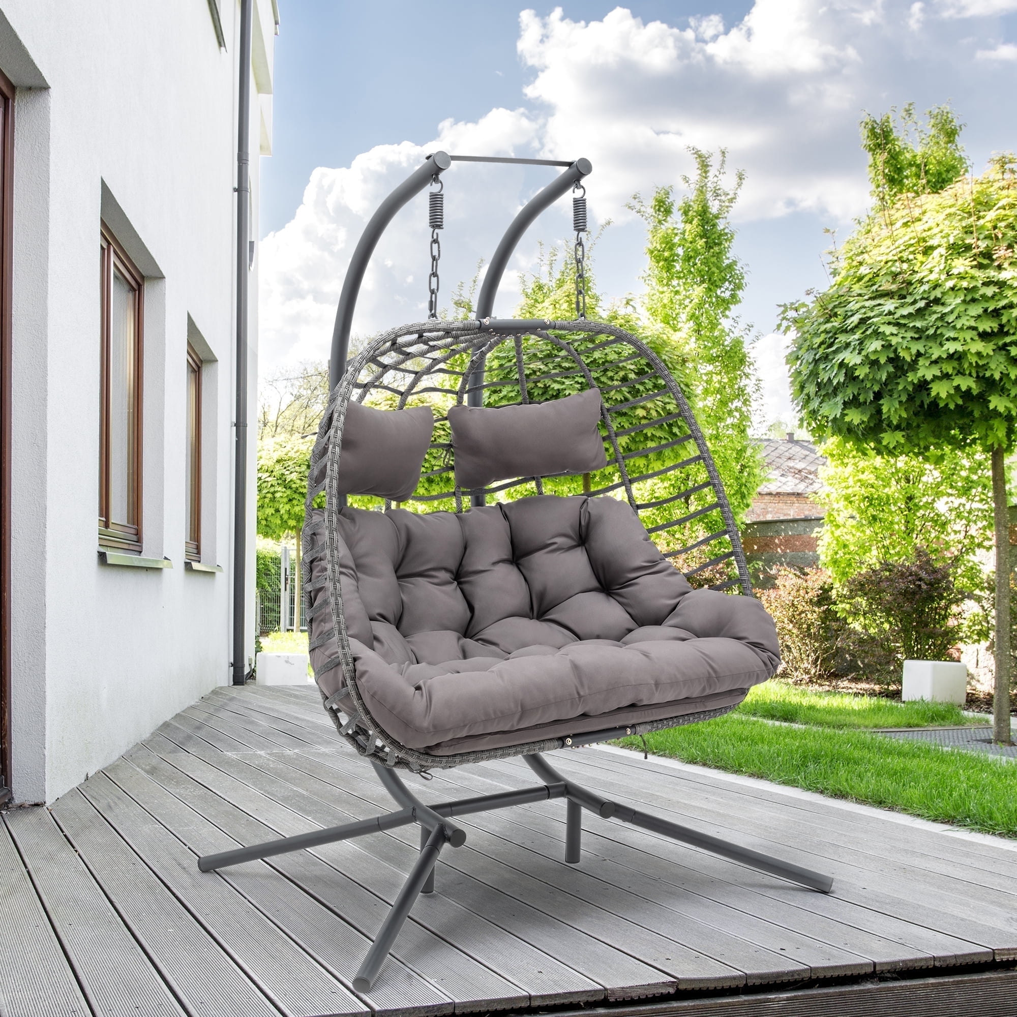 Brafab Double Wicker Swing Egg Chair Hammock Foldable Hanging Loveseat with Stand and Removable Fluffy Cushions, 450LBS Capacity for Bedroom, Balcony, Yard, Dark Grey