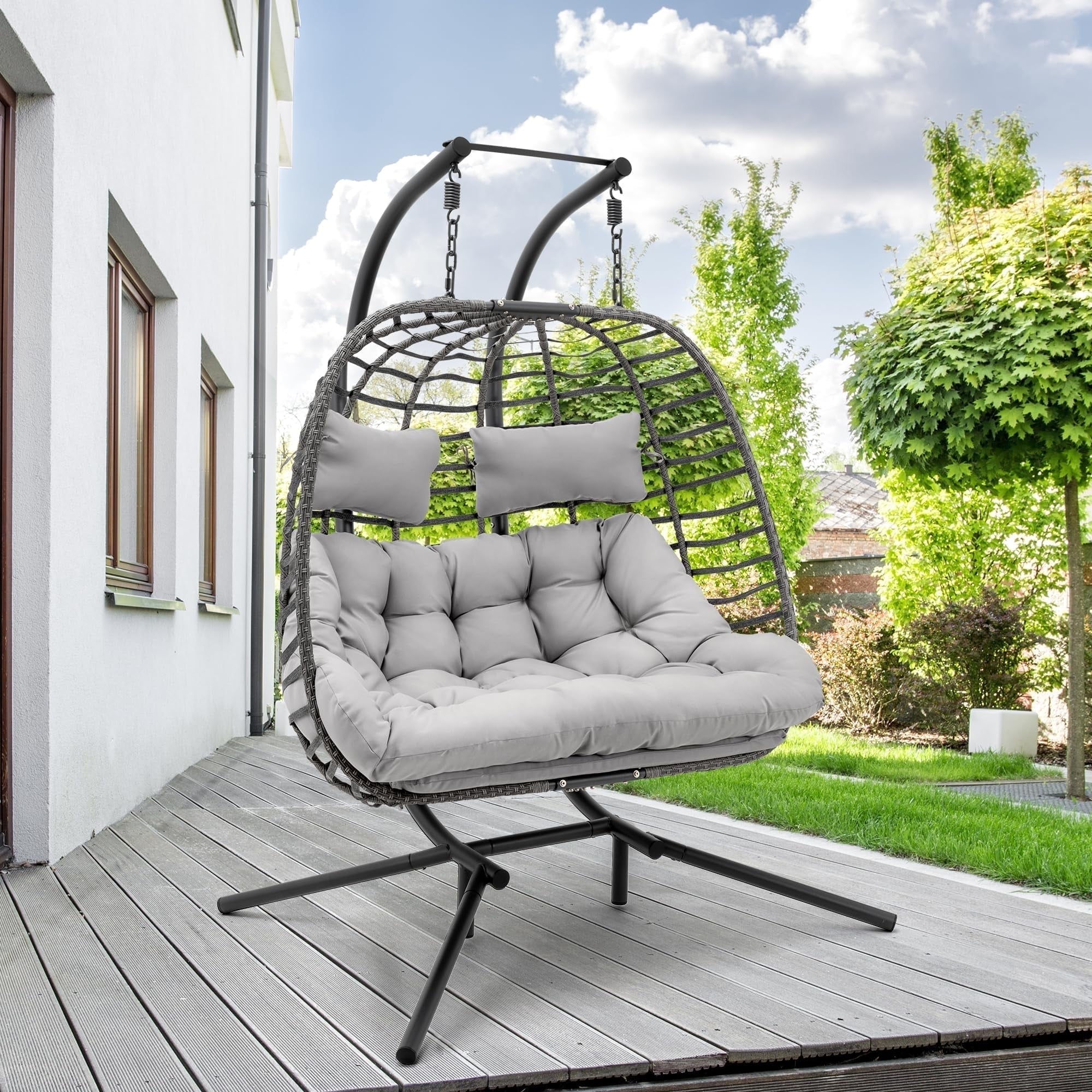 Brafab Double Wicker Swing Egg Chair Hammock Foldable Hanging Loveseat with Stand and Removable Fluffy Cushions, 450LBS Capacity for Bedroom, Balcony, Yard, Light Grey