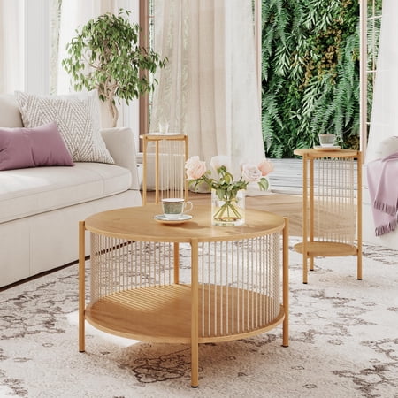 Brafab 3-Piece Coffee Table Set with Natural Fiber Rope for Living Room,Round Wooden Rattan Coffee Table and Two End Tables, Boho 2 Tier Modern Side Table with Metal Frame for Apartment Home Office