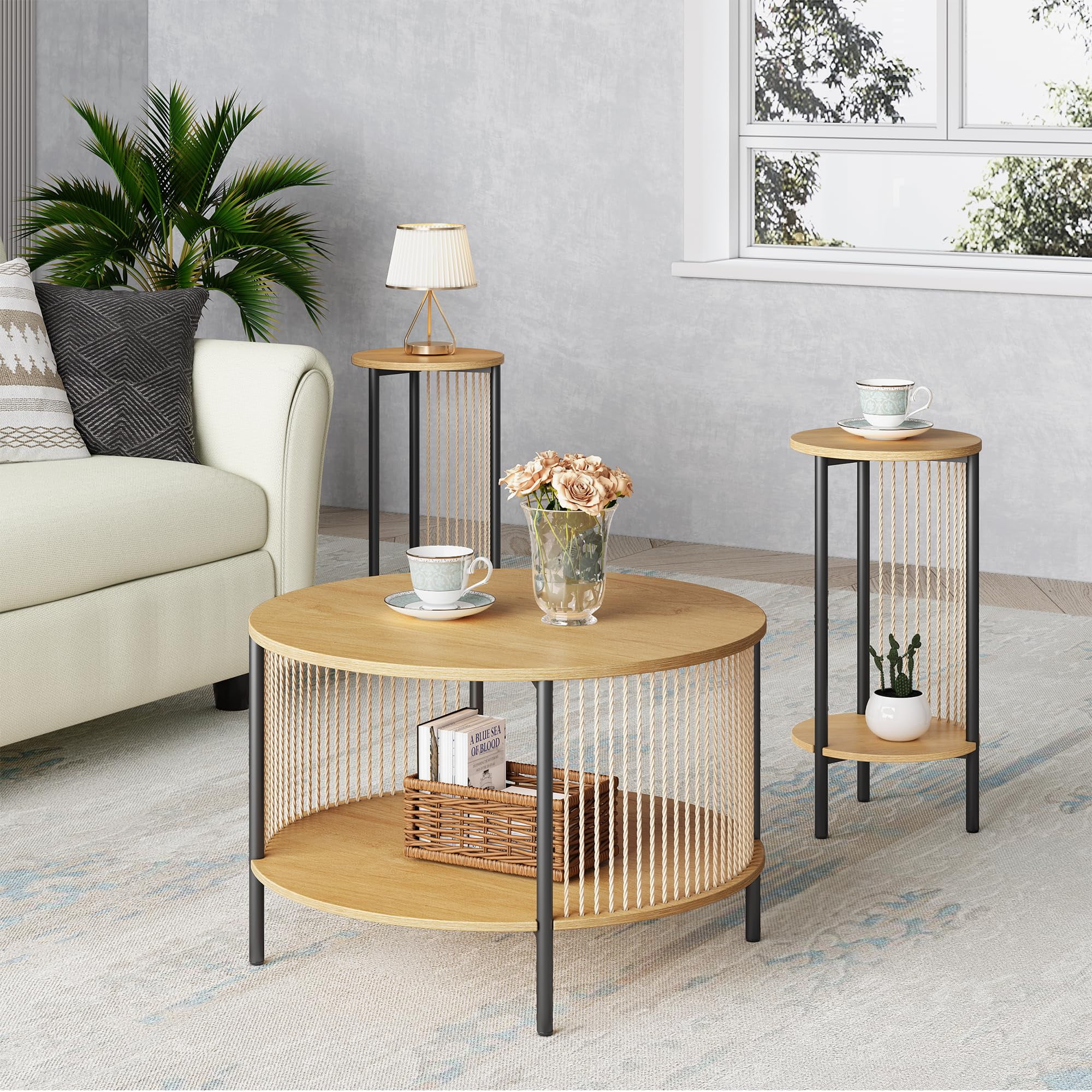 Brafab 3-Piece Boho Coffee Table Set, Hand-Woven Natural Fiber Rope ...
