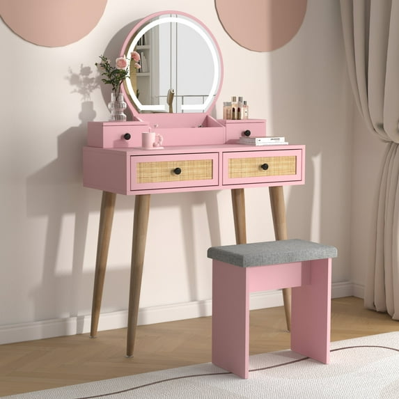 Brafab 31" Boho Natural Rattan Vanity Desk Set with 3 Modes Adjustable Lighted Mirror and Cushioned Stool, Modern Compact Design Makeup Table for Bedroom, Cute Dressing Table for Small Space, Mint