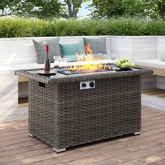 Brafab 44" Outdoor Propane Gas Fire Pit Table with Removable Lid & Waterproof Cover,50,000 BTU Updated Version PE Rattan Patio Firepit Table with Blue shining glass bead