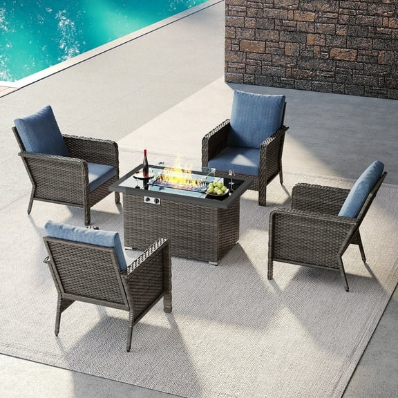 Brafab 5pcs Outdoor Patio Furniture Set with 44" Gas Fire Pit Table, PE Wicker Patio Conversation Sets Cushioned Seat Couch Outdoor Sectional Chair Sofa Set for Yard Garden Porch