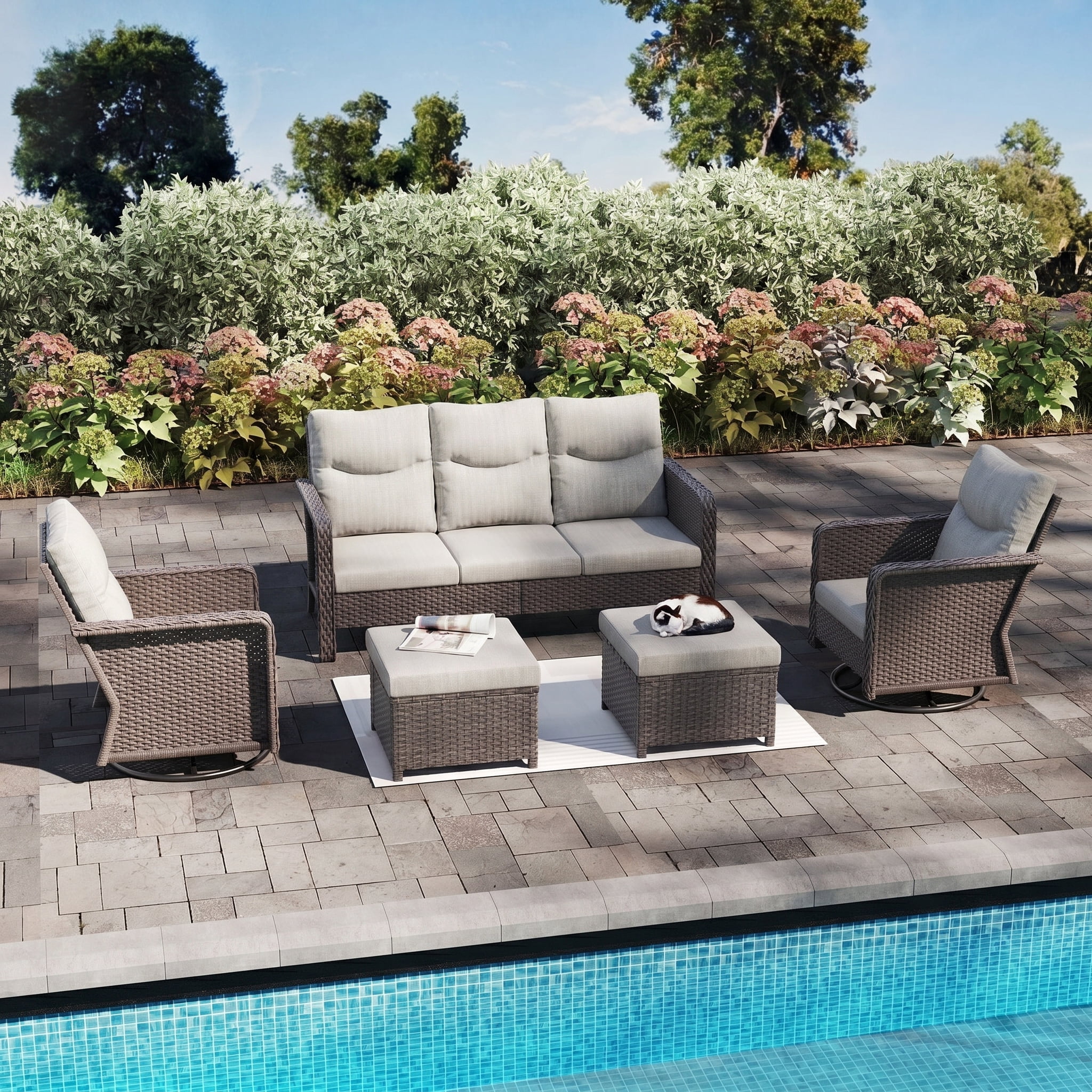 Brafab 7 Seat Outdoor Patio Furniture Set with Swivel Chair, PE Wicker ...