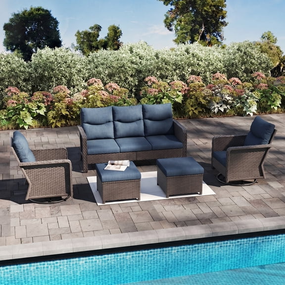 Brafab 7 Seat Outdoor Patio Furniture Set with Swivel Chair, PE Wicker Patio Conversation Sets Cushioned Seat Couch Outdoor Sectional Chair Sofa Set for Yard Garden Porch
