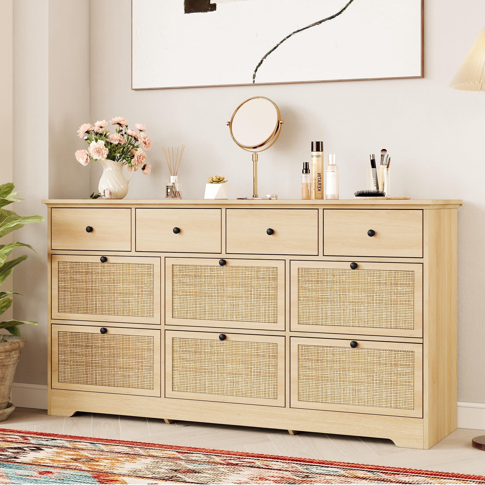 Brafab Mid-Century Boho 59-Inch Rattan 10-Drawer Dresser with Elegant ...