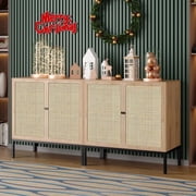 Brafab 63 Buffet Sideboard Cabinets, 4 Door Rattan Storage Cabinet Accent Entryway Chest Console Table Liquor Wood Cupboard for Dining Room, Living Room, Kitchen,63 X 31.5 X 15.75 Inches,Oak Color