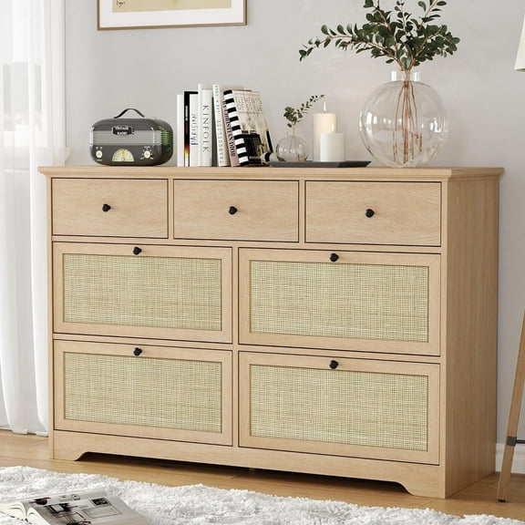 Brafab 7 Drawers Dresser,Mid-Century Natural Rattan Dressers Wood Storage Cabinet for Living Room, Nursery