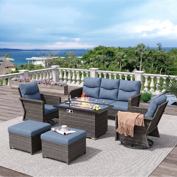 Brafab 7 Seat Outdoor Patio Furniture Set with with22.8 High Back Swivel Chair and 44" Gas Fire Pit Table, PE Wicker Patio Conversation Sets Outdoor Sectional Chair Sofa Set for Yard Garden Porch