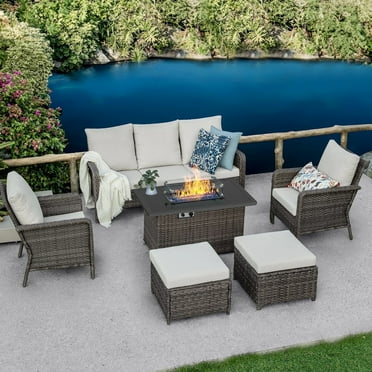 Brafab 7 Seat Outdoor Patio Furniture Sets with 44" Gas Propane Fire Pit Table and Cushions Wicker Rattan Sectional Sofa Patio Conversation Sets