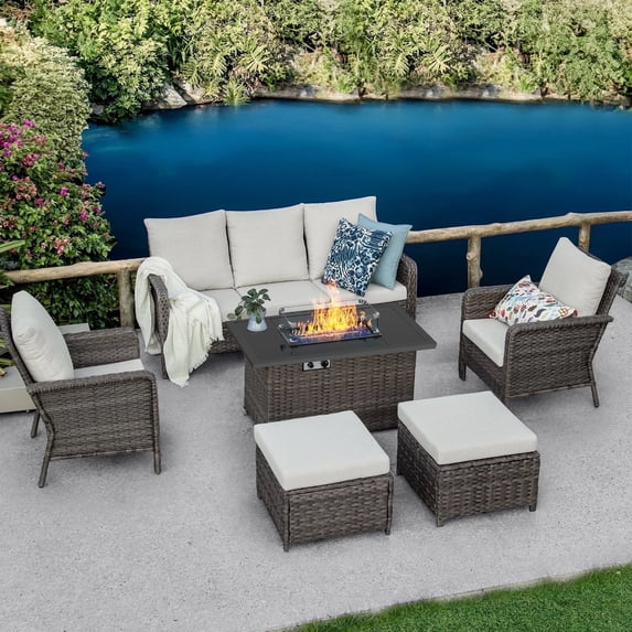 Brafab 7 Seat Outdoor Patio Furniture Sets with 44" Gas Propane Fire Pit Table and Cushions Wicker Rattan Sectional Sofa Patio Conversation Sets
