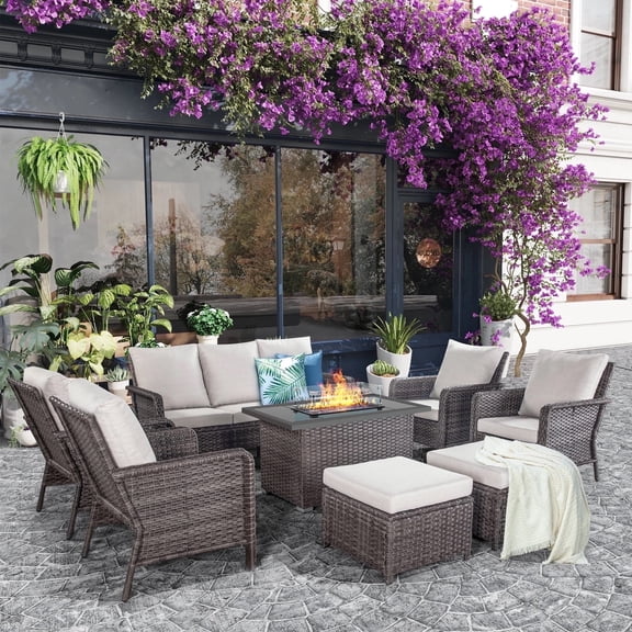 Brafab 9 Seat Outdoor Patio Furniture Sets with 44" Gas Propane Fire Pit Table and Cushions Wicker Rattan Sectional Sofa Patio Conversation Sets