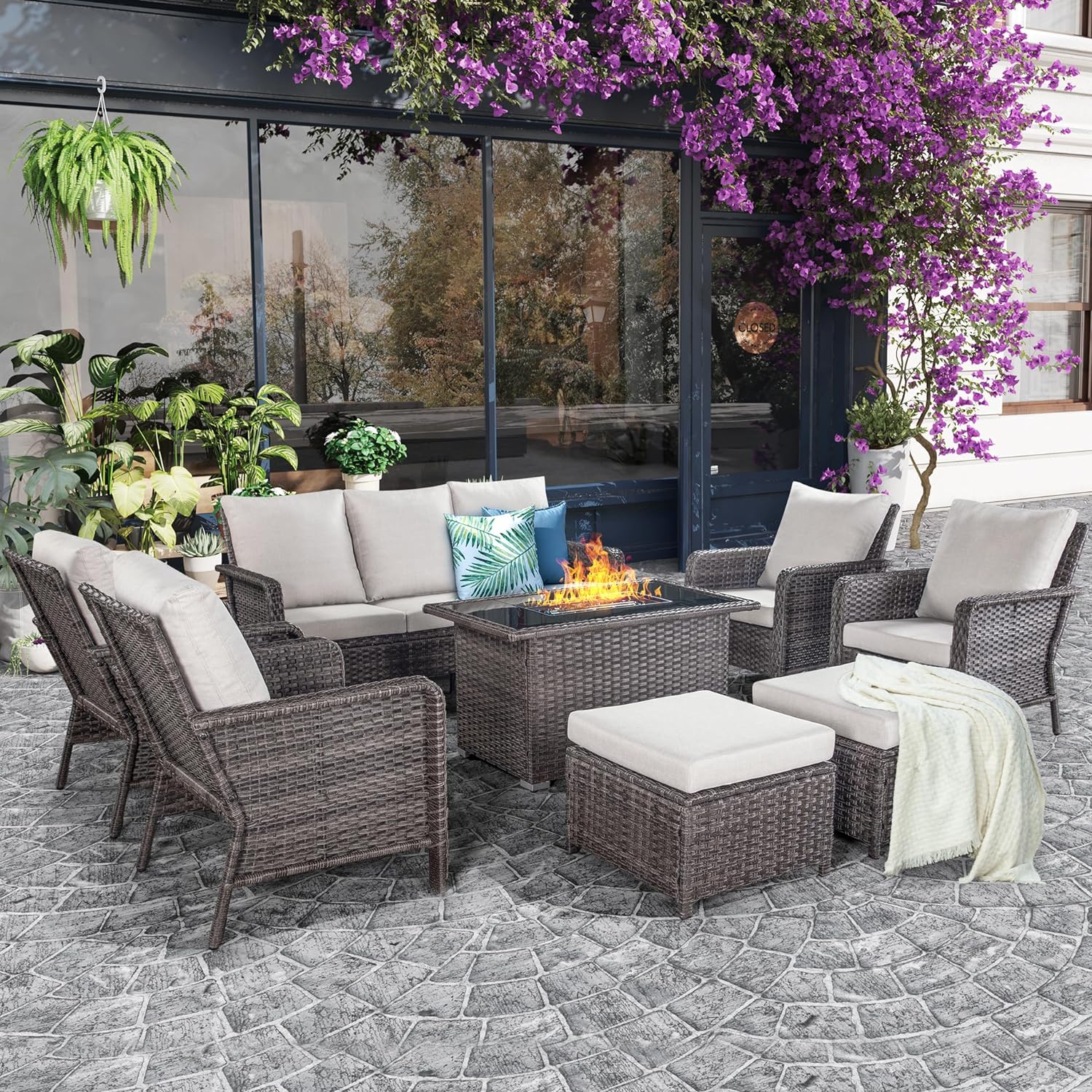Brafab 9pcs Outdoor Patio Furniture Sets with 44" Gas Propane Fire Pit
