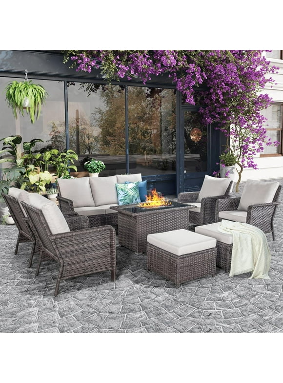 Brafab 9pcs Outdoor Patio Furniture Sets with 44" Gas Propane Fire Pit Table and Cushions Wicker Rattan Sectional Sofa Patio Conversation Sets