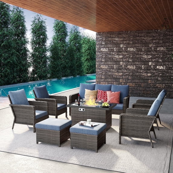 Brafab 9 Seat Outdoor Patio Furniture Sets with 44" Gas Propane Fire Pit Table and Cushions Wicker Rattan Sectional Sofa Patio Conversation Sets