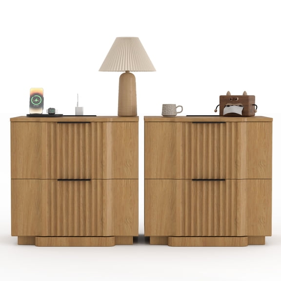 Brafab Fluted Nightstand Set of 2 with 20W Fast Charging Station,Bedside Tables with 2 Storage Drawers & Curved Base, Large End Tables for Bedroom