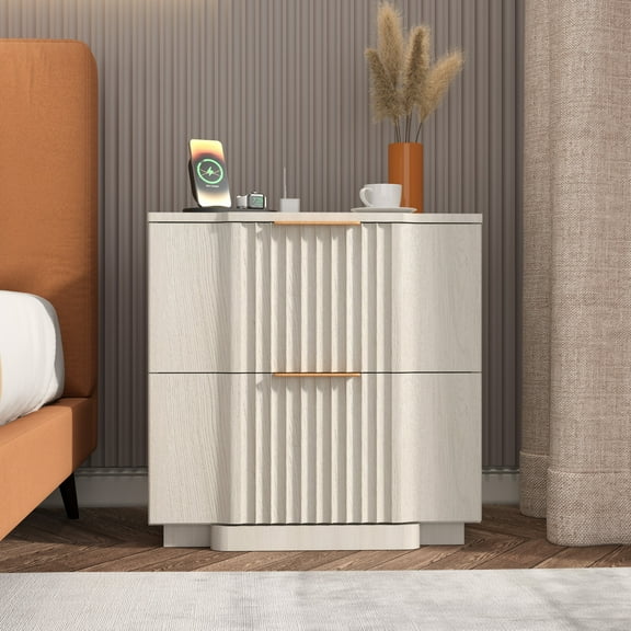 Brafab Fluted Nightstand with 20W Fast Charging Station,Bedside Tables with 2 Storage Drawers & Curved Base, Large End Tables for Bedroom