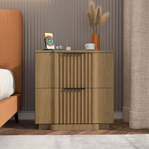 Brafab Fluted Nightstand with 20W Fast Charging Station, Large Bedside Tables with Drawer & Open Shelf, Curved Profile Base