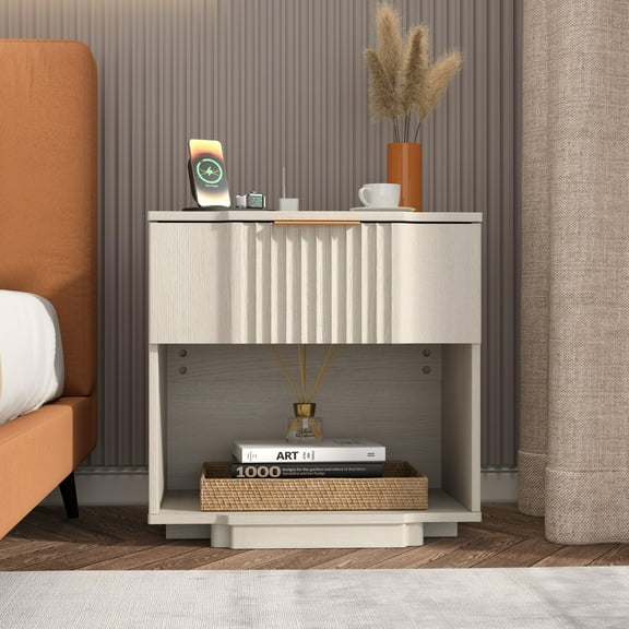 Brafab Fluted Nightstand with 20W Fast Charging Station, Large Bedside Tables with Drawer & Open Shelf, Curved Profile Base