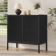 Brafab Full Black Rattan Cabient, Farmhouse Sideboard Cabinet with Natural Rattan Decorated Doors, Accent Cane Credenza Buffet Console Storage, for Living Room Entryway Kitchen, Metal Legs