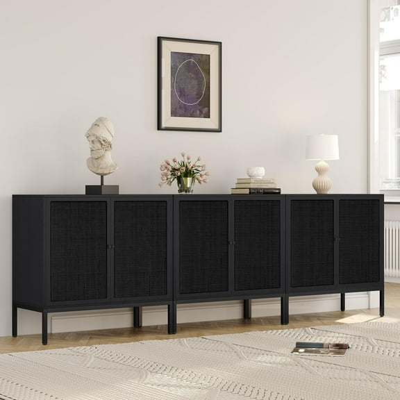 Brafab Full Black Rattan Cabient, Farmhouse Sideboard Cabinet with Natural Rattan Decorated Doors, Accent Cane Credenza Buffet Console Storage, for Living Room Entryway Kitchen, Metal Legs