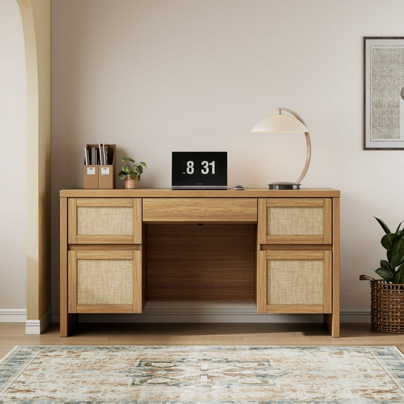 Brafab Home Office Desk with Charging Station, 5-Drawer Executive Desk with Rattan Front, Modern Farmhouse Computer Writing Desk, Built-in USB/Type-C Ports & Outlets