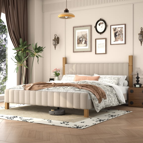 Brafab King Bed Frame with Upholstered Headboard, Modern Platform Bed with Solid Wood Frame & Noise-Free Slats, No Box Spring Needed, Beige Linen Fabric