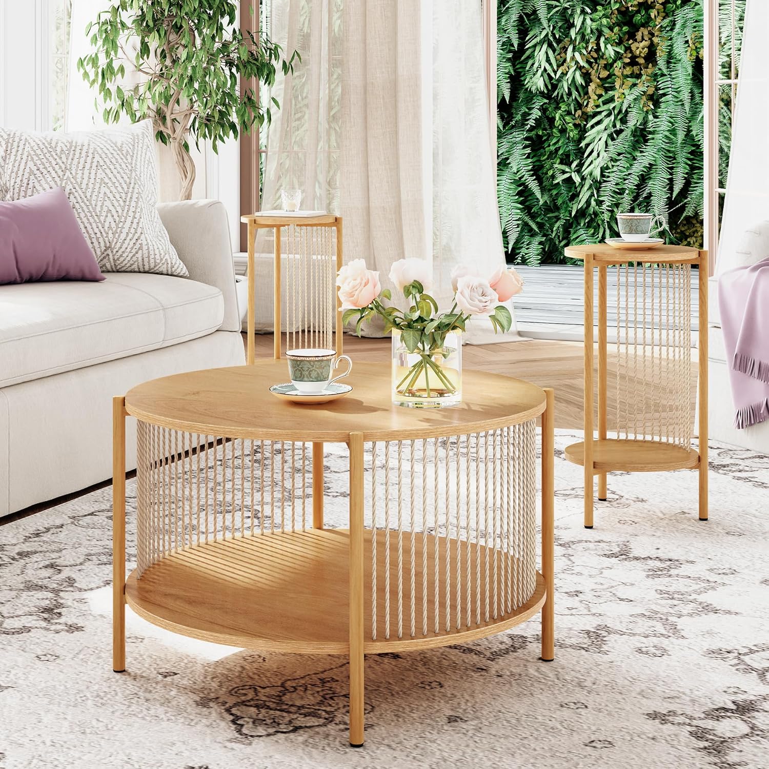 Brafab Natural Fiber Rope Coffee Table Set of 3 for Living Room, Round ...