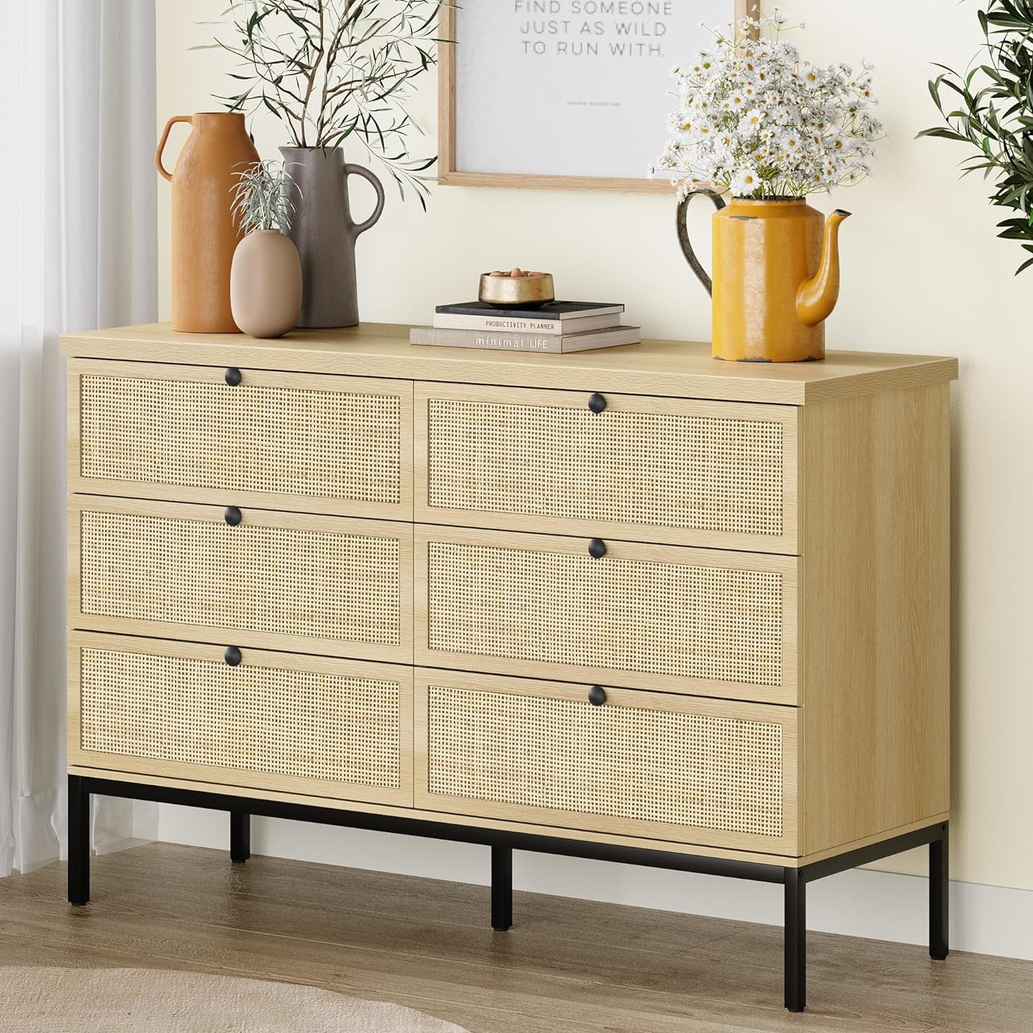 Brafab 6 Drawers Dresser,Mid-Century Natural Rattan Dressers Wood ...