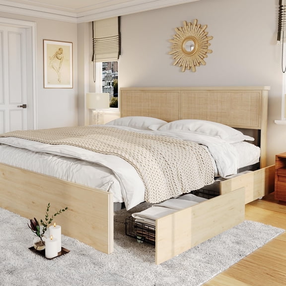 Brafab Natural Rattan King Size Bed Frame with Wooden Headboard and 4 Storage Drawers, Boho Natural Wood Bedframe Cane Oak Metal Platform Beds with Strong Wooden Slat, Noise Free