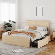 Brafab Natural Rattan Queen Bed Frame with Wooden Headboard and 4 Storage Drawers, Boho Cane Bed Metal Platform Bed with Strong Wooden Slat Mattress Foundation, Noise Free, No Box Spring Needed