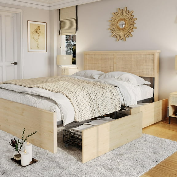 Brafab Natural Rattan Queen Size Bed Frame with Wooden Headboard and 4 Storage Drawers, Boho Natural Wood Bedframe Cane Oak Metal Platform Beds with Strong Wooden Slat, Noise Free