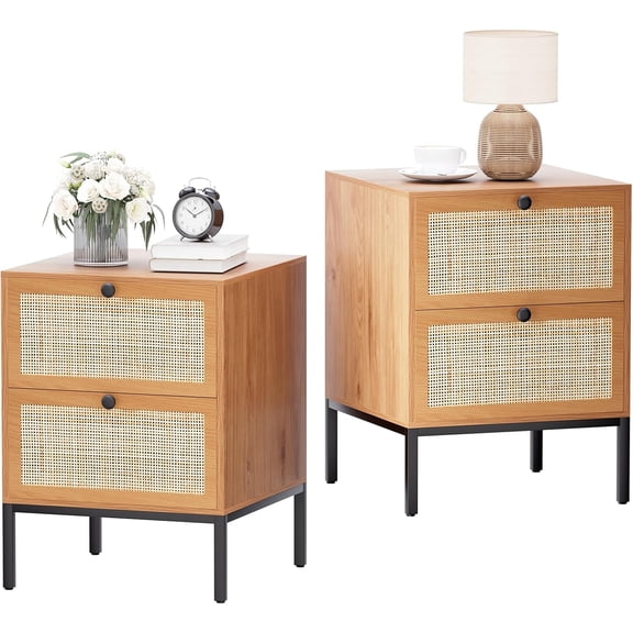 Brafab Nightstands Set of 2,With Handmade Nature Rattan Weave Finish Boho-style Storage Drawers and Shelf Storage, Side Table End Table For Living Room, Bedroom,dining Room | Brown