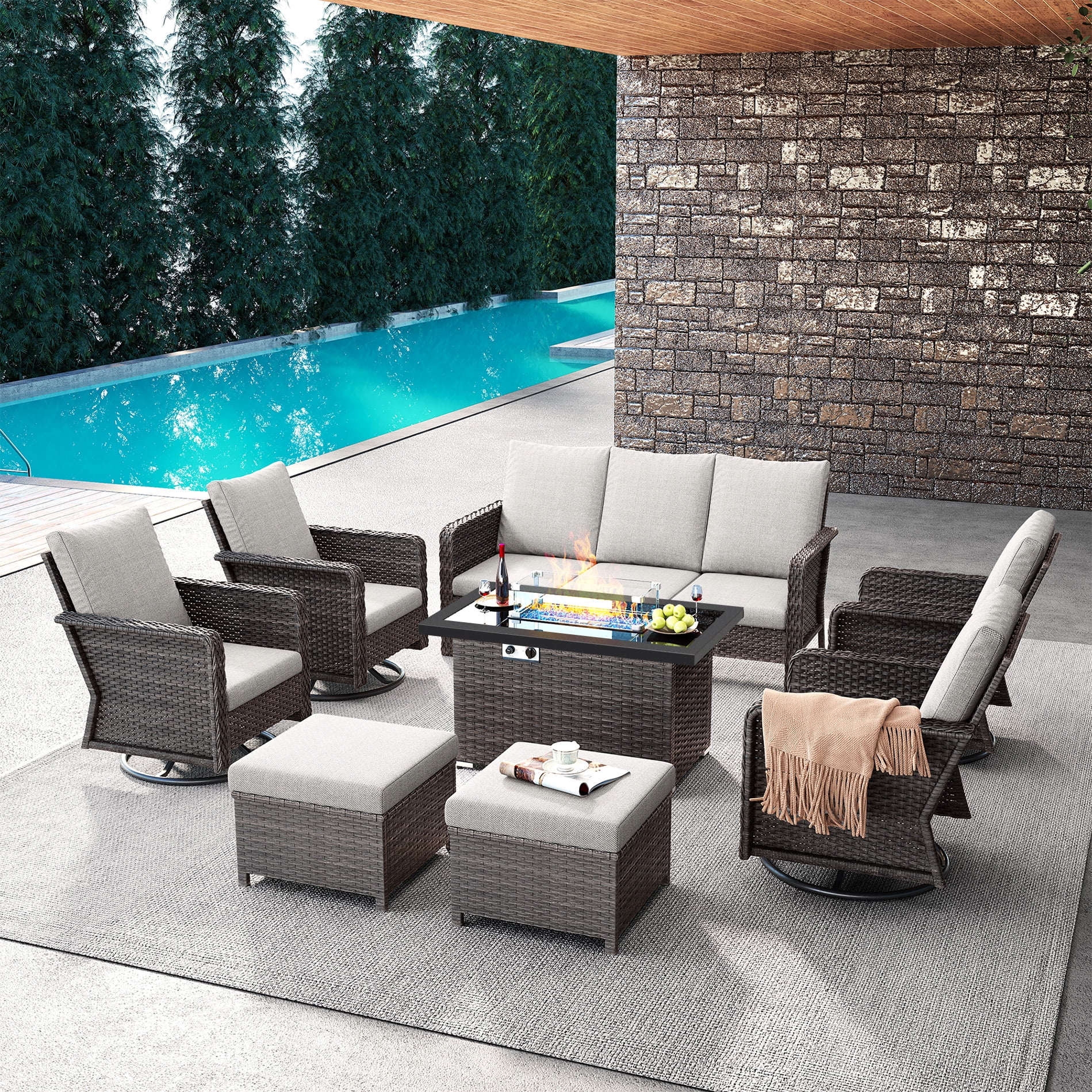 Brafab Patio Furniture Sets with Swivel Chairs and Fire Pit Table ...