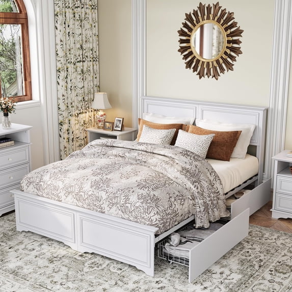 Brafab Queen Bed Frame with Headboard & 4 Underbed Storage Drawers, Platform Bed, Sturdy Wooden Frame, No Box Spring Needed, Easy Assembly Low Profile Modern Bedroom Furniture