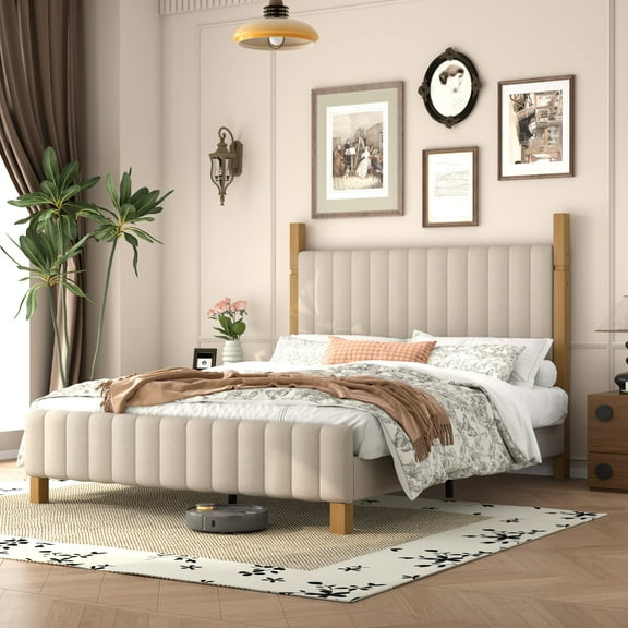 Brafab Queen Bed Frame with Upholstered Headboard, Modern Platform Bed with Solid Wood Frame & Noise-Free Slats, No Box Spring Needed, Beige Linen Fabric
