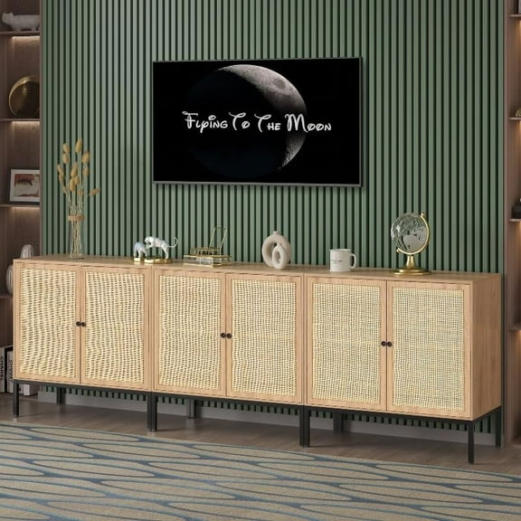 Brafab Wooden Vintage Credenza Storage with Doors, Rattan Accent Cabinets Buffet Sideboard, Oak Color, 94.5