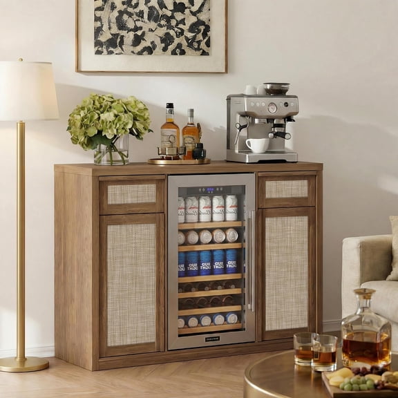 Brafab Rattan Coffee Bar Cabinet with Storage, 50'' Liquor Cabinet Wine Bar with Space for Mini Fridge, Boho Sideboard Buffet with Charging Station, Soild Wood Handle, Wine Glasses Holder | Natural