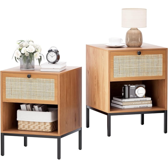 Brafab Rattan Nightstand Set of 2, End Table, Bedside Table, Rattan Side Table with Handmade Natural Rattan Decorative Door, Accent Table, Modern Nightstand for Bedroom, Living Room | Brown