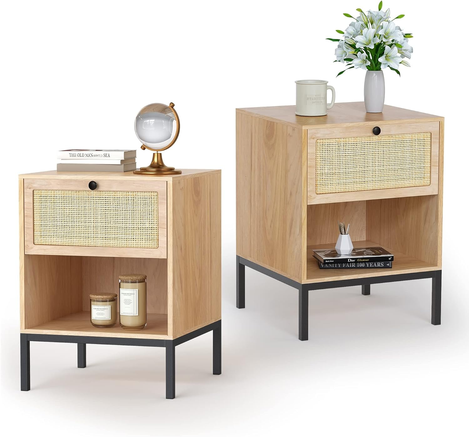 Brafab Rattan Nightstand Set of 2, End Table with Rattan Door, Accent ...