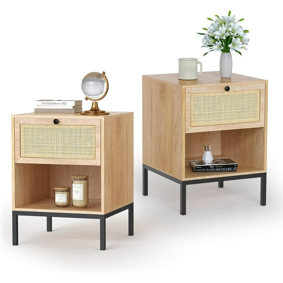 Brafab Rattan Nightstand Set of 2, End Table, Bedside Table, Rattan Side Table with Handmade Natural Rattan Decorative Door, Accent Table, Modern Nightstand for Bedroom, Living Room