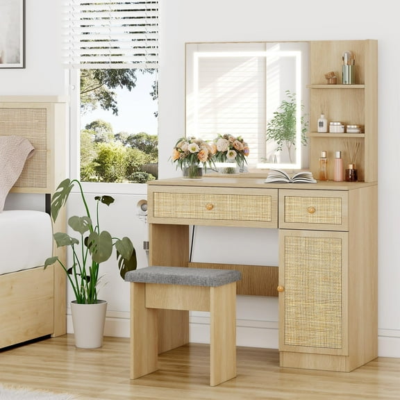 Brafab Rattan Vanity Set with LED Lights, Mirror, and Chair - White Nature, Wooden Makeup Table with 2 Drawers