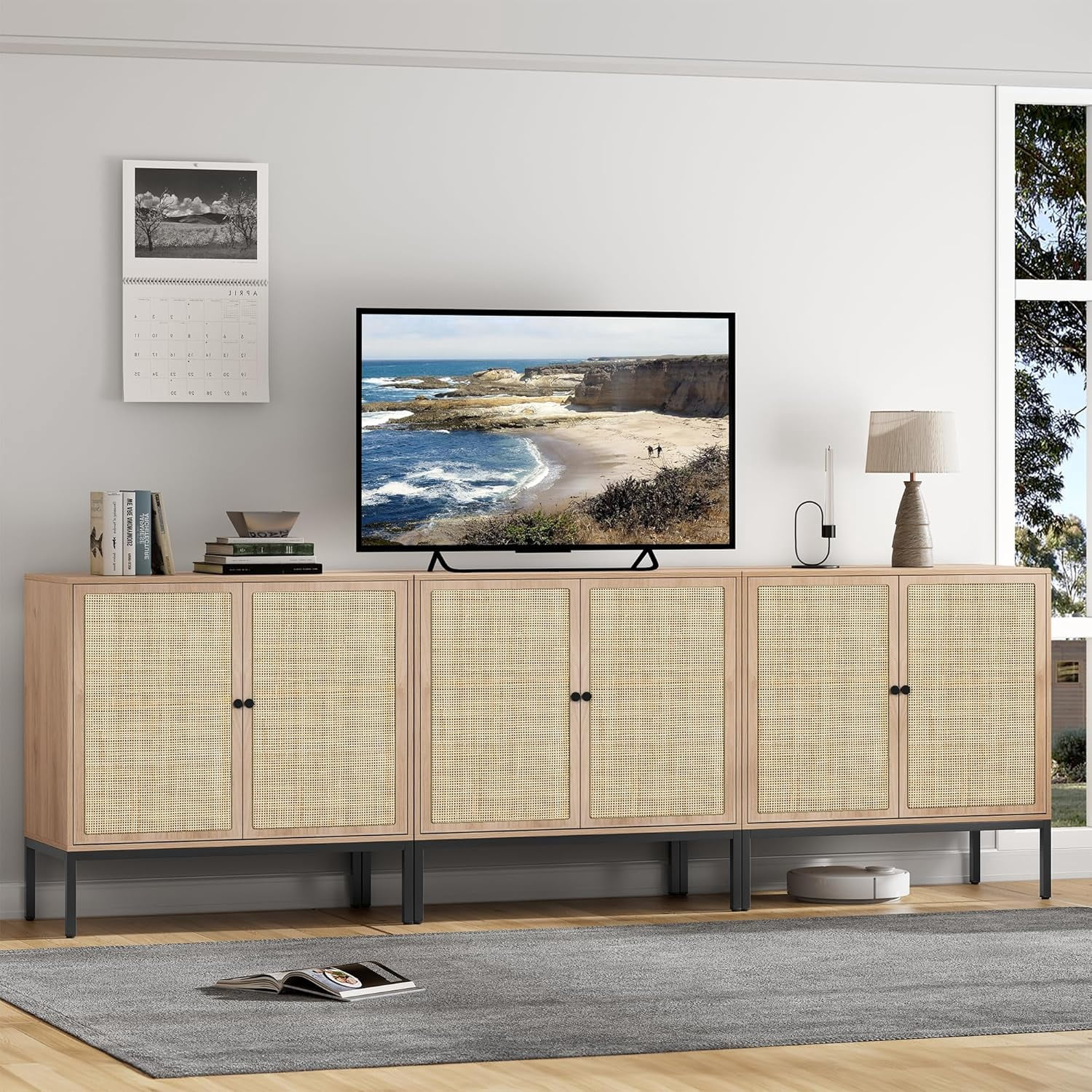 Brafab Set of 3 Rattan Cabinet, Sideboard Buffet Cabinet with Natural ...