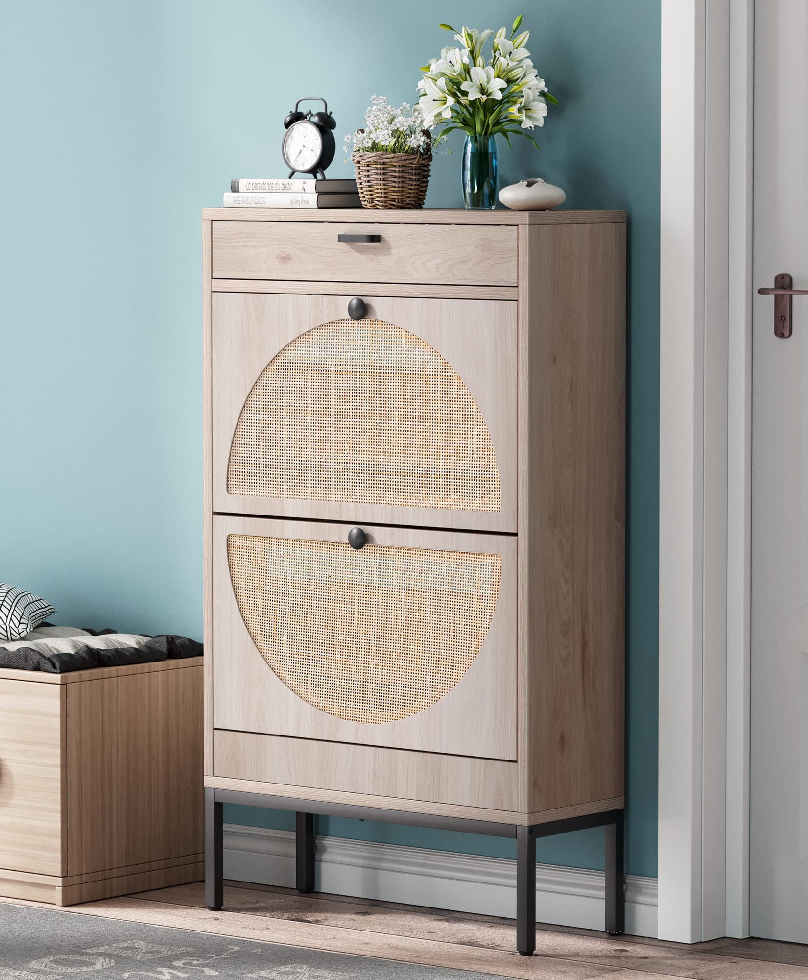  Angel Sar Rattan Shoe Cabinet with 2 Flip Drawers