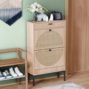 Brafab Shoe Storage Cabinet with 2 Flip Drawers and Open Shelf Natural Rattan Slim Shoe Organizer Rack Wooden Tipping Shoe Dresser Narrow Entrance Shoes Console with Metal Legs for Entryway, Hallway
