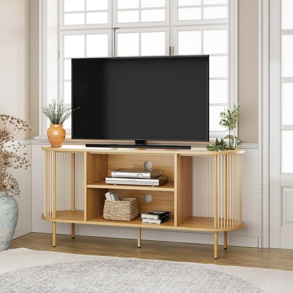 Brafab Boho 3-Tier TV Stand for up to 60-Inch TVs, Wooden Entertainment Console with Storage