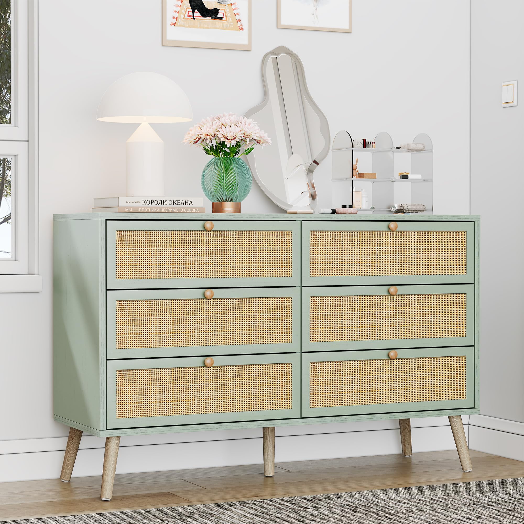 Brafab Vintage Mint Rattan 6-Drawer Dresser, Mid-Century Modern, Sturdy ...