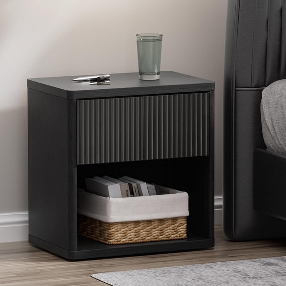 Brafab 22.8" W Black Mid Century Modern Nightstand with Hidden Drawers and Open Shelves, Large Wood Fluted