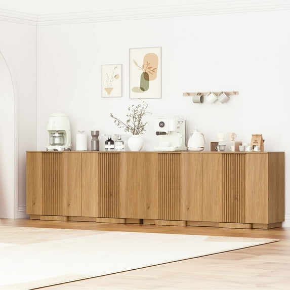 Brafabhome 118" Buffet Cabinet with Storage, 8 Door Accent Sideboard Credenza with 4 Adjustable Shelves, Modern Fluted Media Console Coffee Bar Table for Living Kitchen Dining Room | Walnut