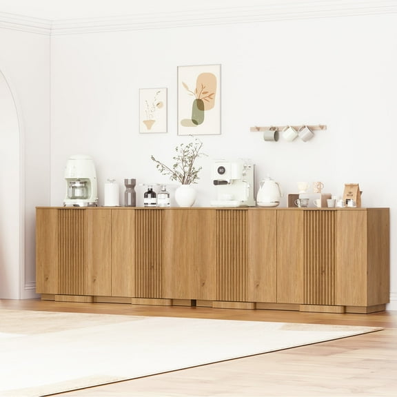 Brafabhome 118" Buffet Cabinet with Storage, 8 Door Accent Sideboard Credenza with 4 Adjustable Shelves, Modern Fluted Media Console Coffee Bar Table for Living Kitchen Dining Room | Walnut